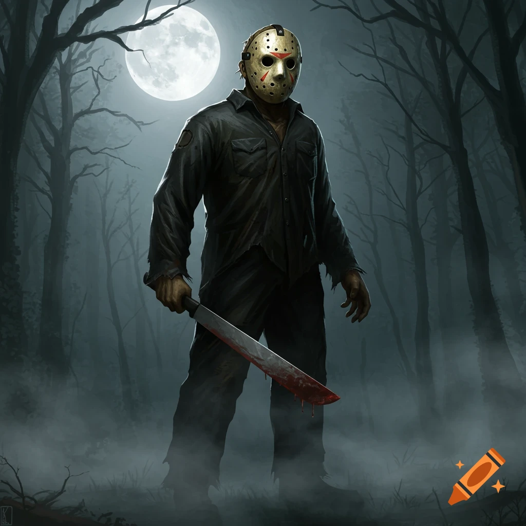 Illustrated image of Jason Voorhees holding a bloody machete, standing in a dark, foggy forest under a full moon.