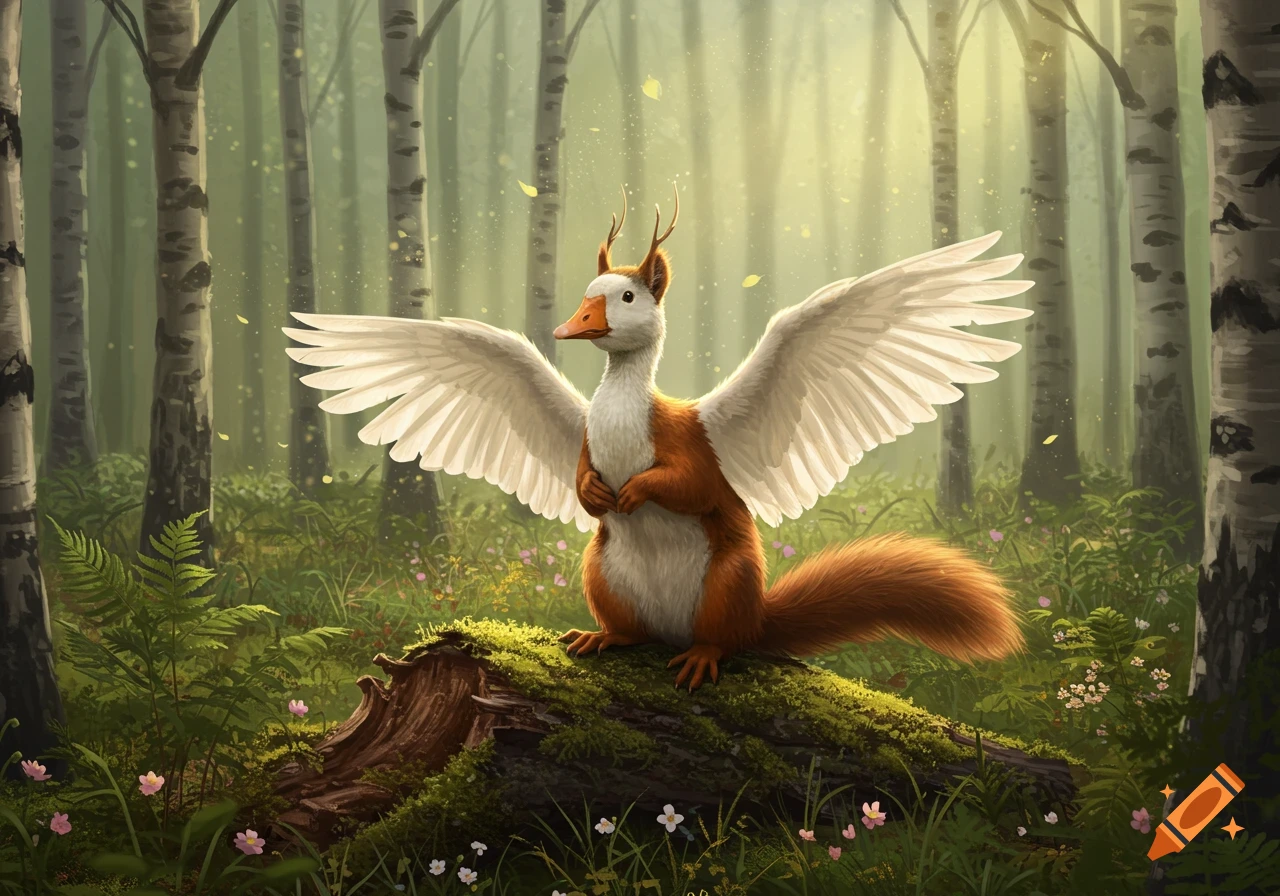A squirrel-goose hybrid with wings and small antlers sits on a mossy log in a sunlit forest.