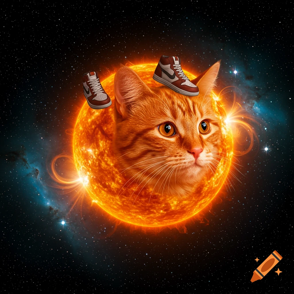 An orange tabby cat's head is superimposed on a bright orange sun, with two brown and white sneakers floating above it, all set against a dark starry outer space background with distant nebulae.