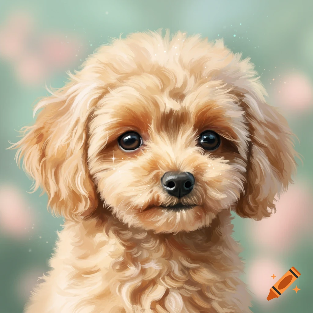 A close-up portrait of a cute, fluffy brown poodle puppy looking directly at the viewer with big, shiny eyes.