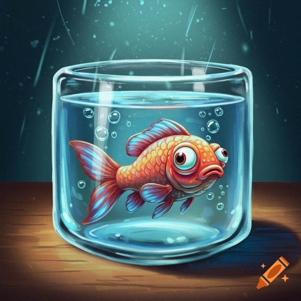 A cartoon goldfish with large, sad eyes looks out from a small glass bowl filled with water.