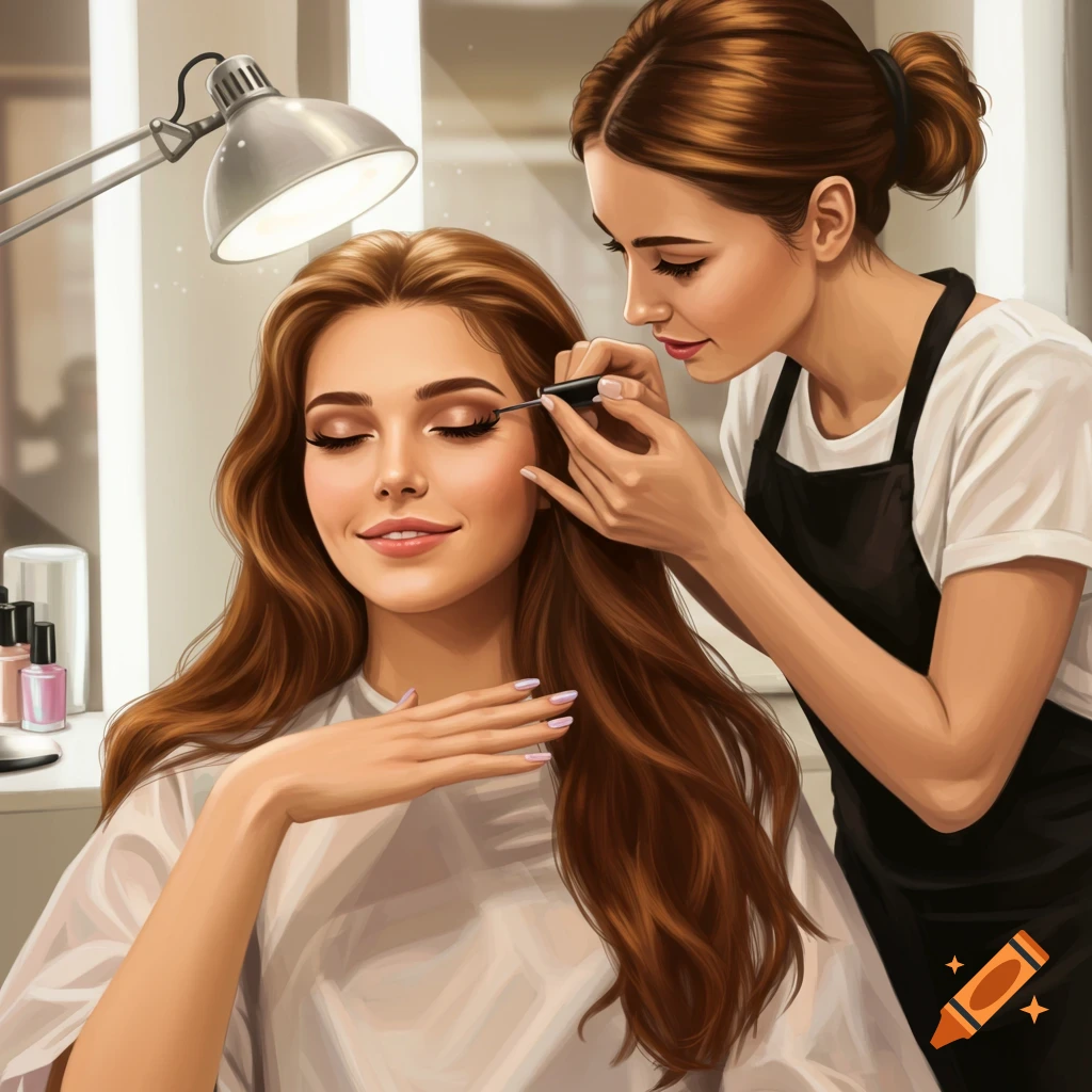 Digital illustration of a makeup artist applying mascara to a smiling woman getting her lashes and nails done in a bright salon.