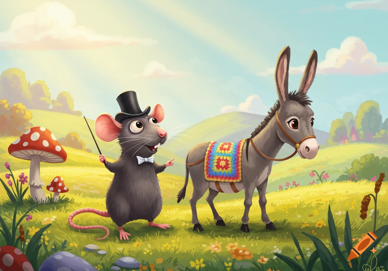 A cartoonish rat wearing a top hat and bow tie points at a donkey with a colorful blanket on its back, in a bright, whimsical field with large mushrooms.
