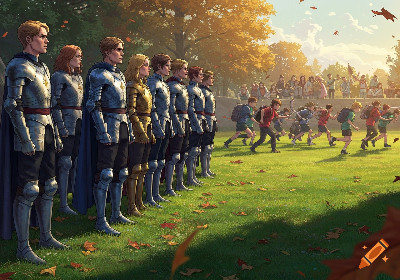 Armored teachers stand ready as students with backpacks run across a grassy field in autumn, with parents watching in the background.