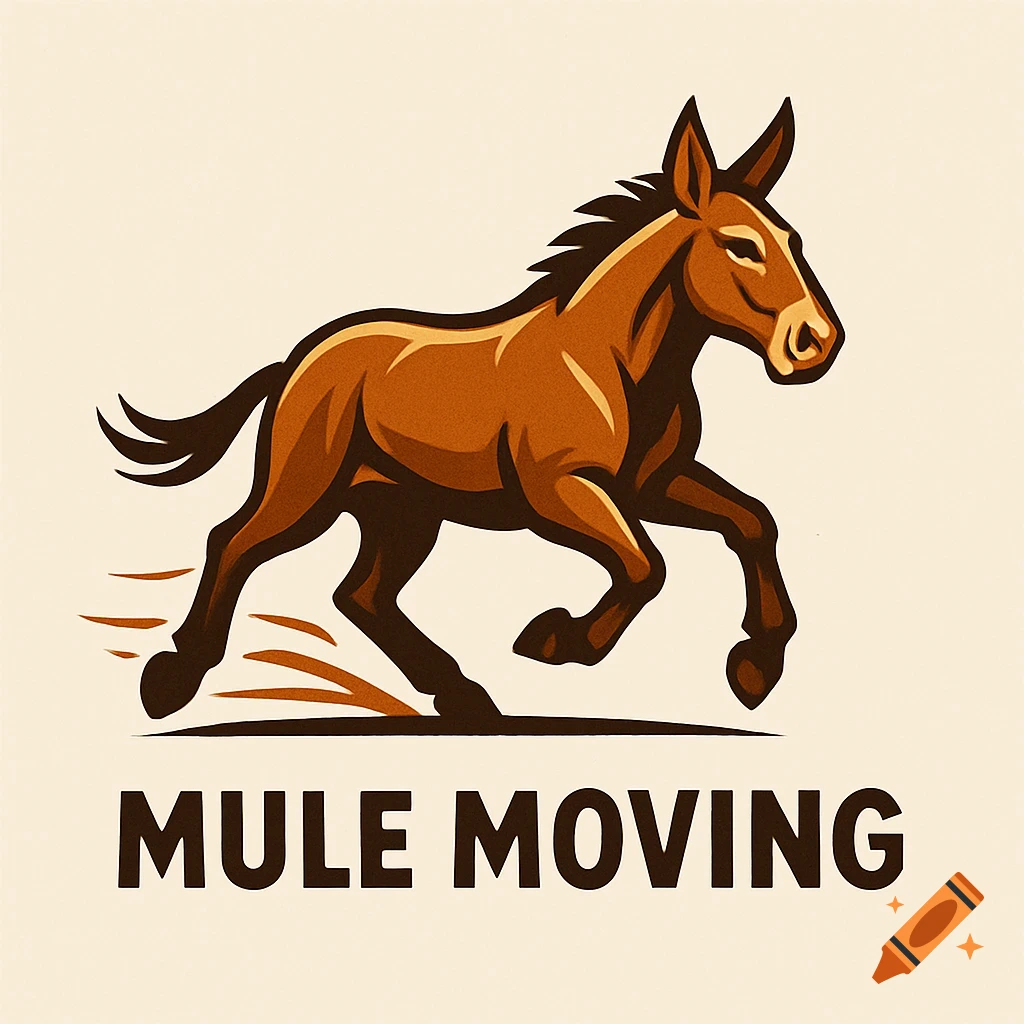 Stylized brown mule logo galloping with motion lines, above the text 'MULE MOVING' on a light background.