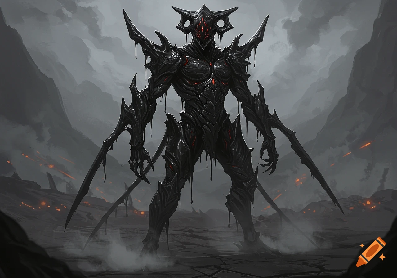 A dark, spiky, tar-like warframe monster with glowing red accents stands in a desolate, smoky landscape.