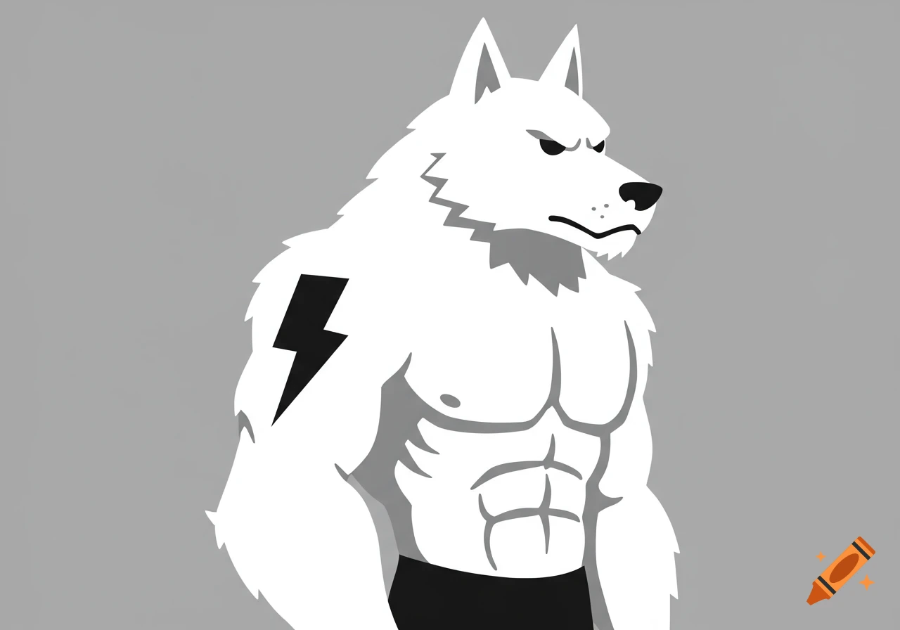 A muscular white cartoon werewolf with a black lightning bolt on its arm against a gray background.