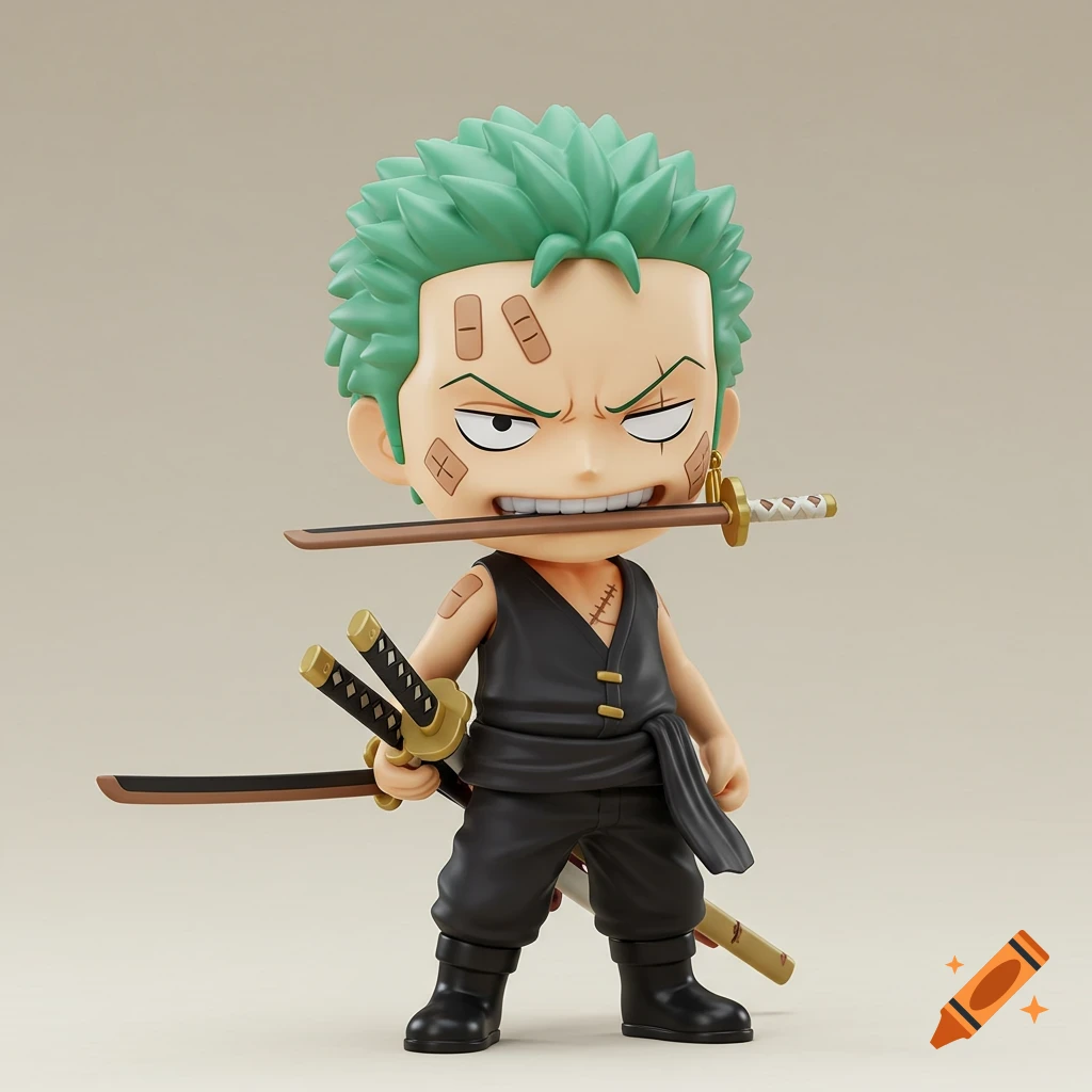 Chibi-style Roronoa Zoro toy with green spiky hair and face bandages, gripping a sword in his mouth, holding another, and a third sheathed, rendered as a product photo.