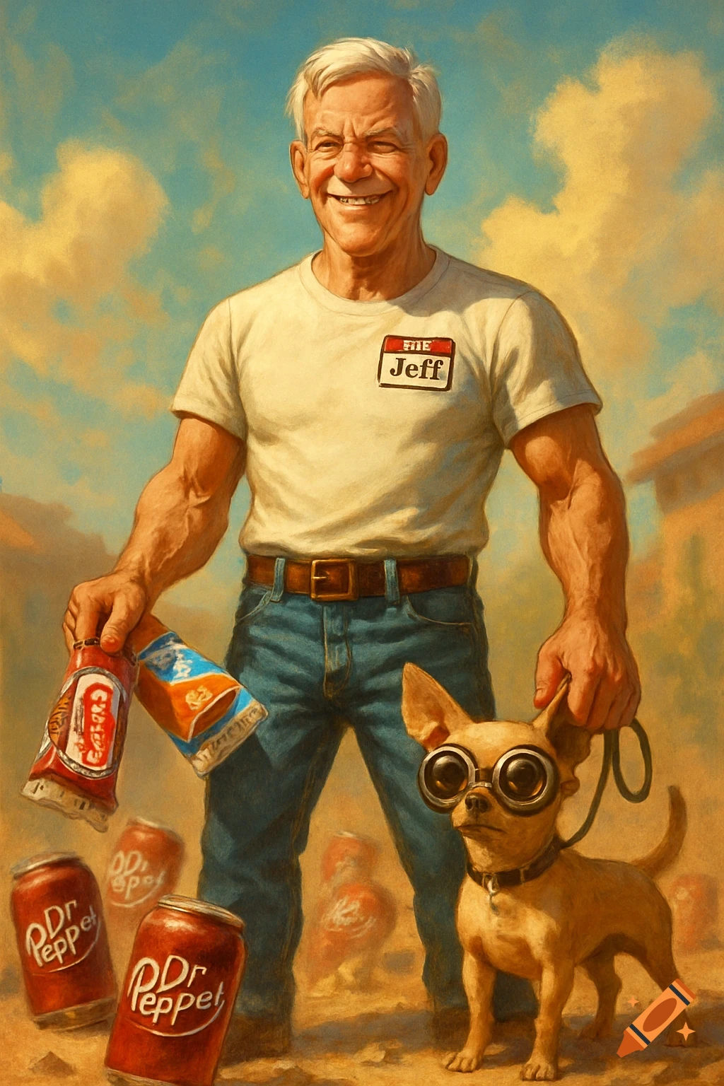 A smiling man in a white t-shirt and jeans holds a snack and a drink, standing with a chihuahua wearing goggles among soda cans in a painterly style.