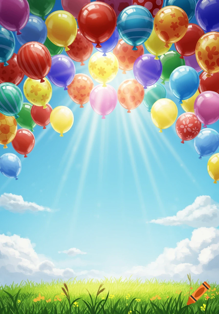 A vibrant cartoon scene of numerous colorful balloons floating in a bright blue sky with sun rays, above a green grassy field with clouds.