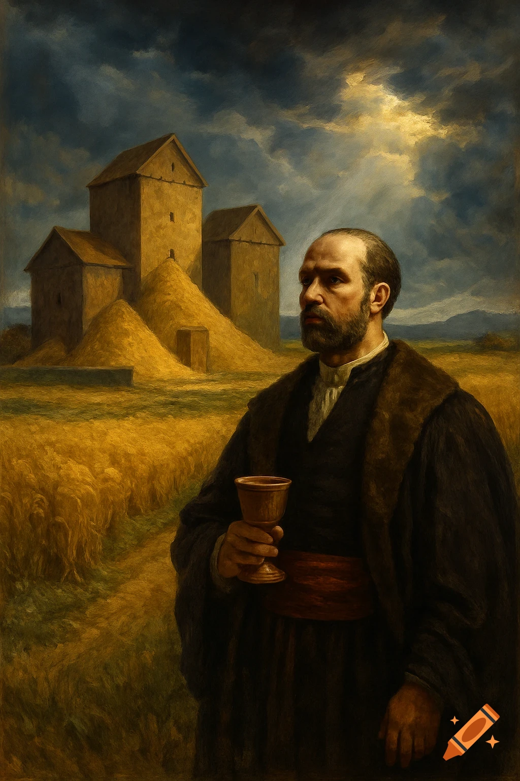 A bearded man in dark robes holds a goblet in a golden field with barns and haystacks under a dramatic sky, painted in a classical style.