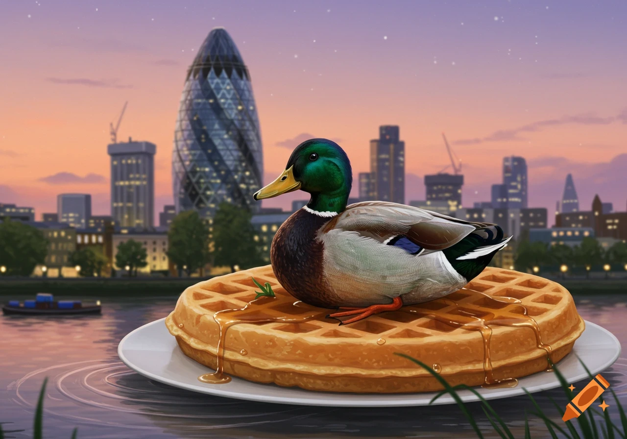 Illustrated mallard duck sitting on a syrup-covered waffle floating on water with London cityscape at dusk.