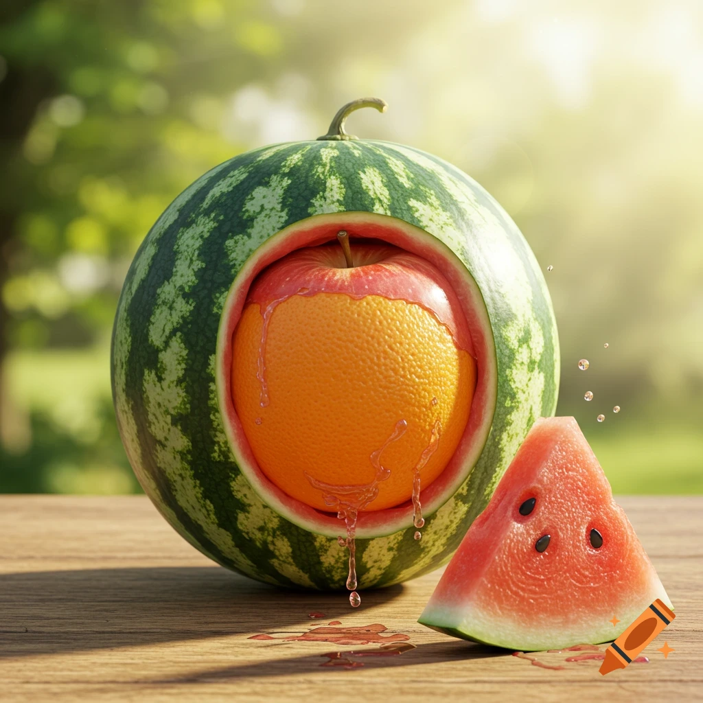 A watermelon with a cutout revealing an orange and apple inside, with juice dripping onto a wooden table next to a watermelon slice in a sunny outdoor setting.