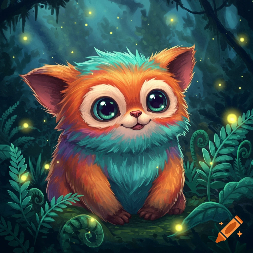 A cute, fluffy creature with large eyes and orange, blue, and purple fur sits in a dark, glowing forest with fireflies.