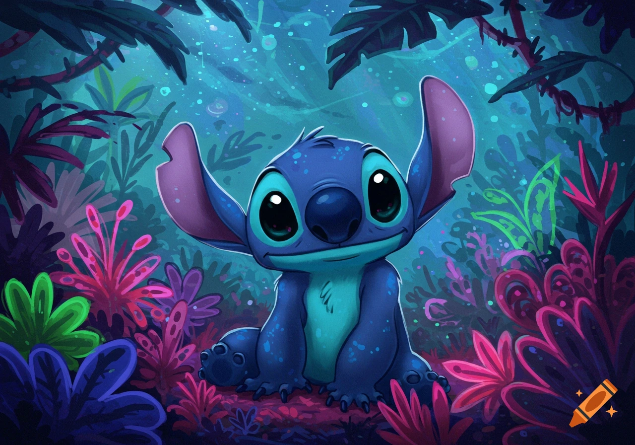 Cute blue alien Stitch sits smiling in a vibrant, glowing alien jungle with colorful plants, digital art style.