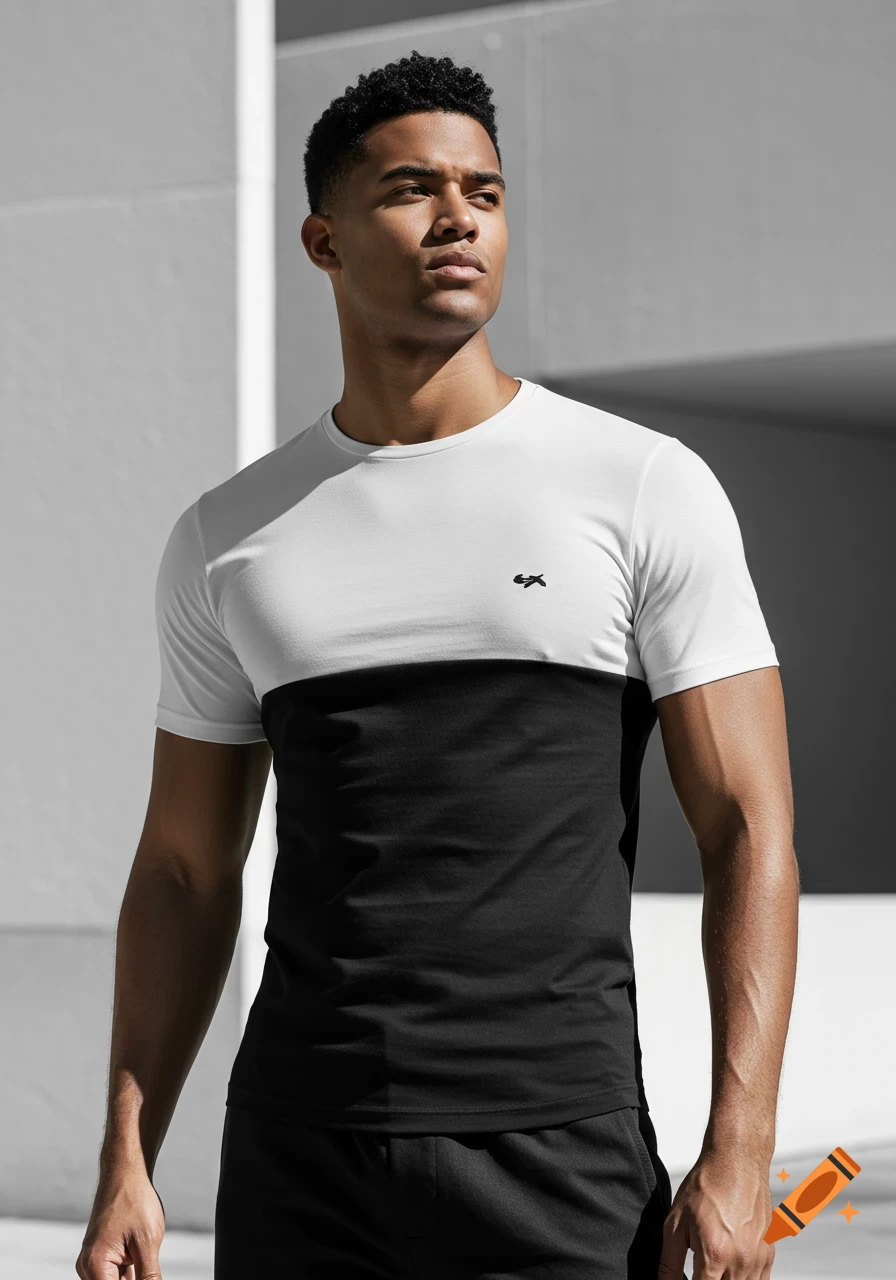 A man with dark curly hair wearing a white and black color-block t-shirt and black shorts, standing outdoors in sunlight.