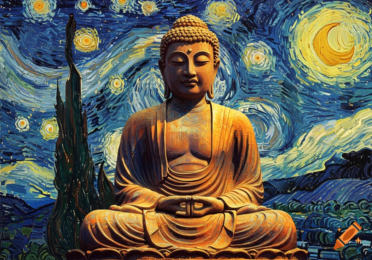 A Buddha statue in meditation pose against a swirling blue and yellow starry night sky, in the style of Van Gogh.