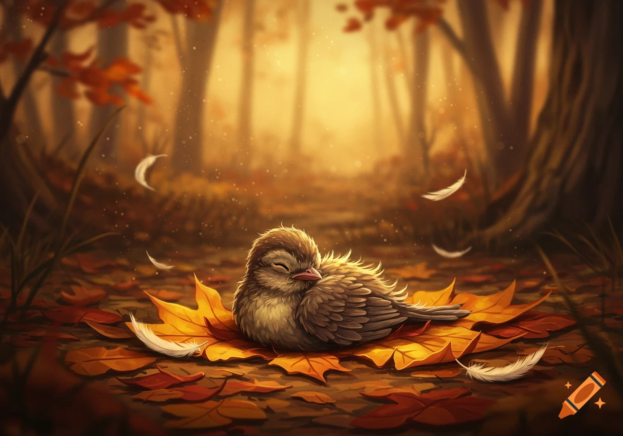 A fluffy brown bird sleeps curled on vibrant autumn leaves in a warm, glowing forest with floating feathers, digital art.