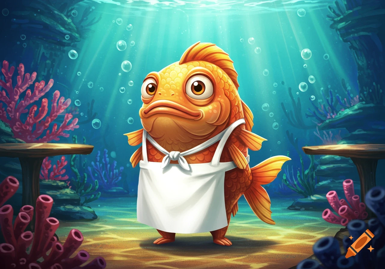 A cute cartoon goldfish stands upright in a white apron on the ocean floor with coral and tables.