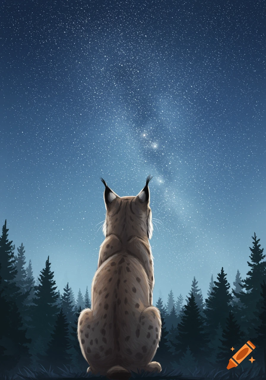 A lynx sits with its back to the viewer, looking up at a starry night sky above a dark forest.
