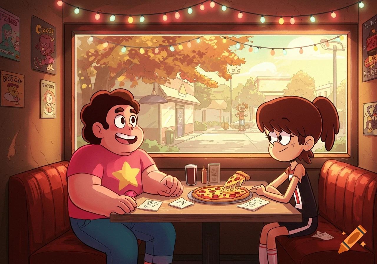 A cartoon of Steven Universe and Lynn Loud Jr. eating pizza in a lively parlor with string lights and posters.