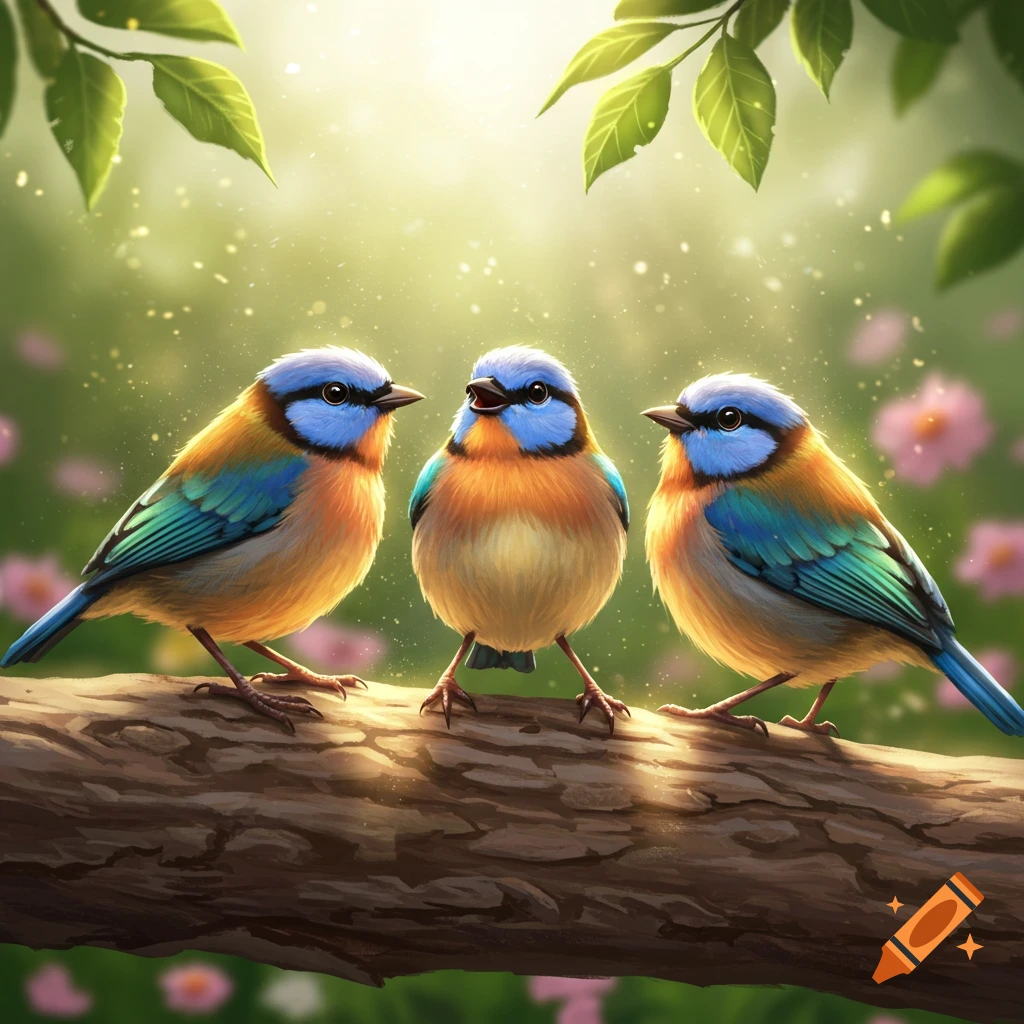 Three colorful birds with blue, orange, and teal feathers perched on a tree branch, bathed in warm sunlight.