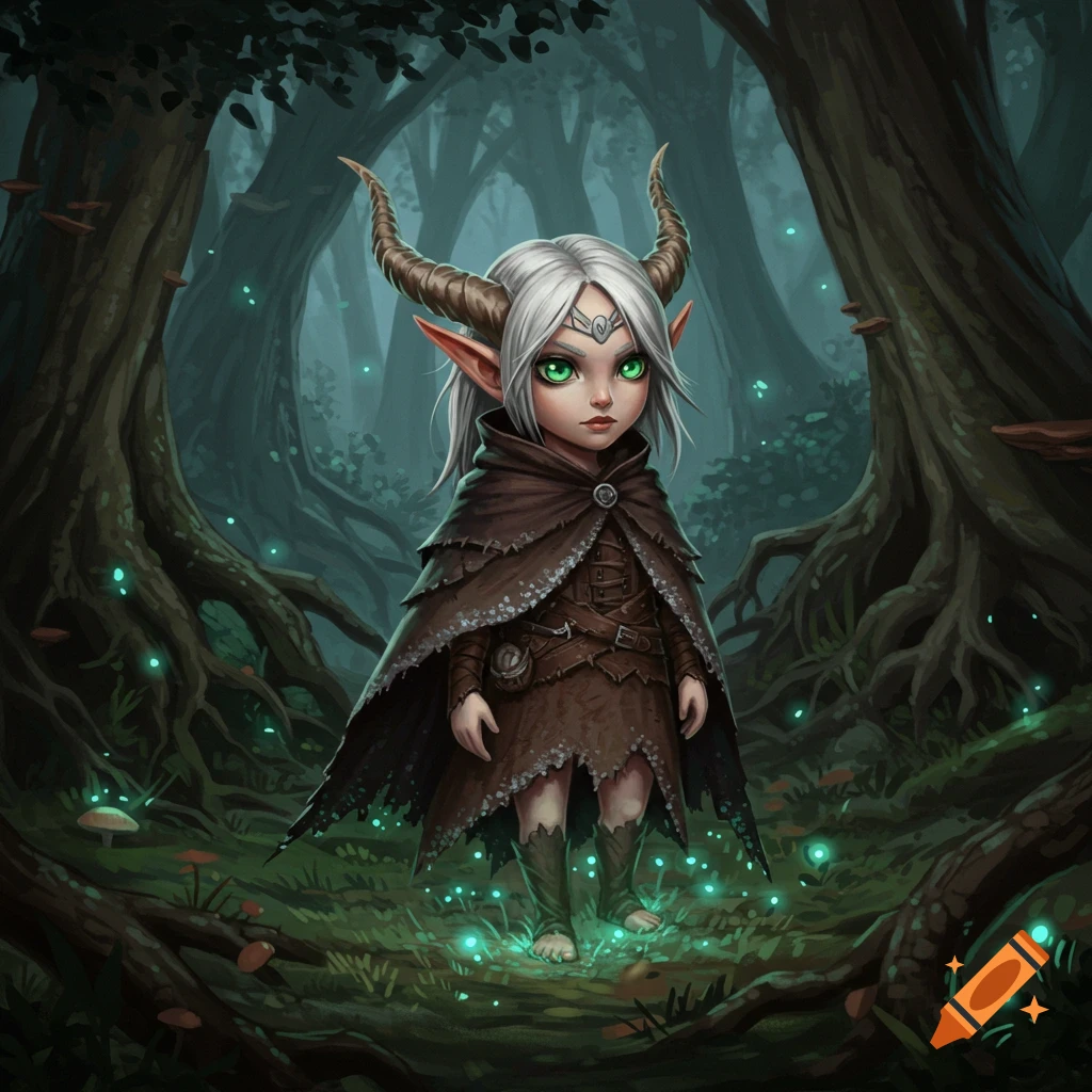 A small horned fae with green eyes and gray hair, wearing a tattered brown cloak, stands in a dark, mystical forest with glowing blue lights.