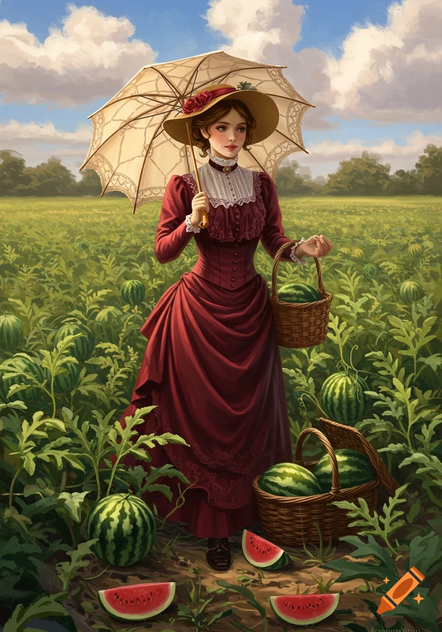 Victorian lady with an umbrella and a basket of watermelons stands in a green field under a cloudy sky, illustration.