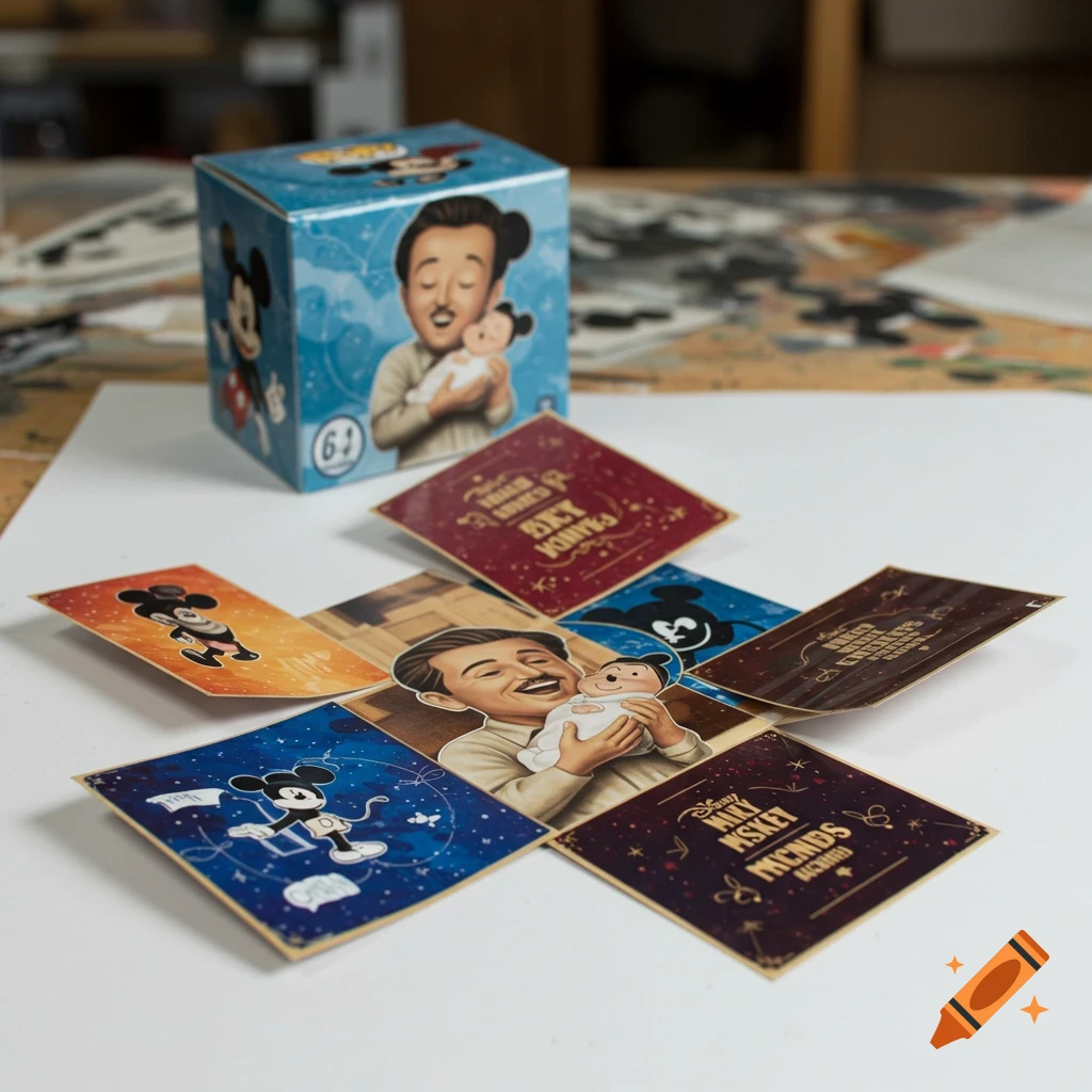 An unfolded Funko box featuring Walt Disney holding baby Mickey, surrounded by collectible cards with various Mickey Mouse designs.