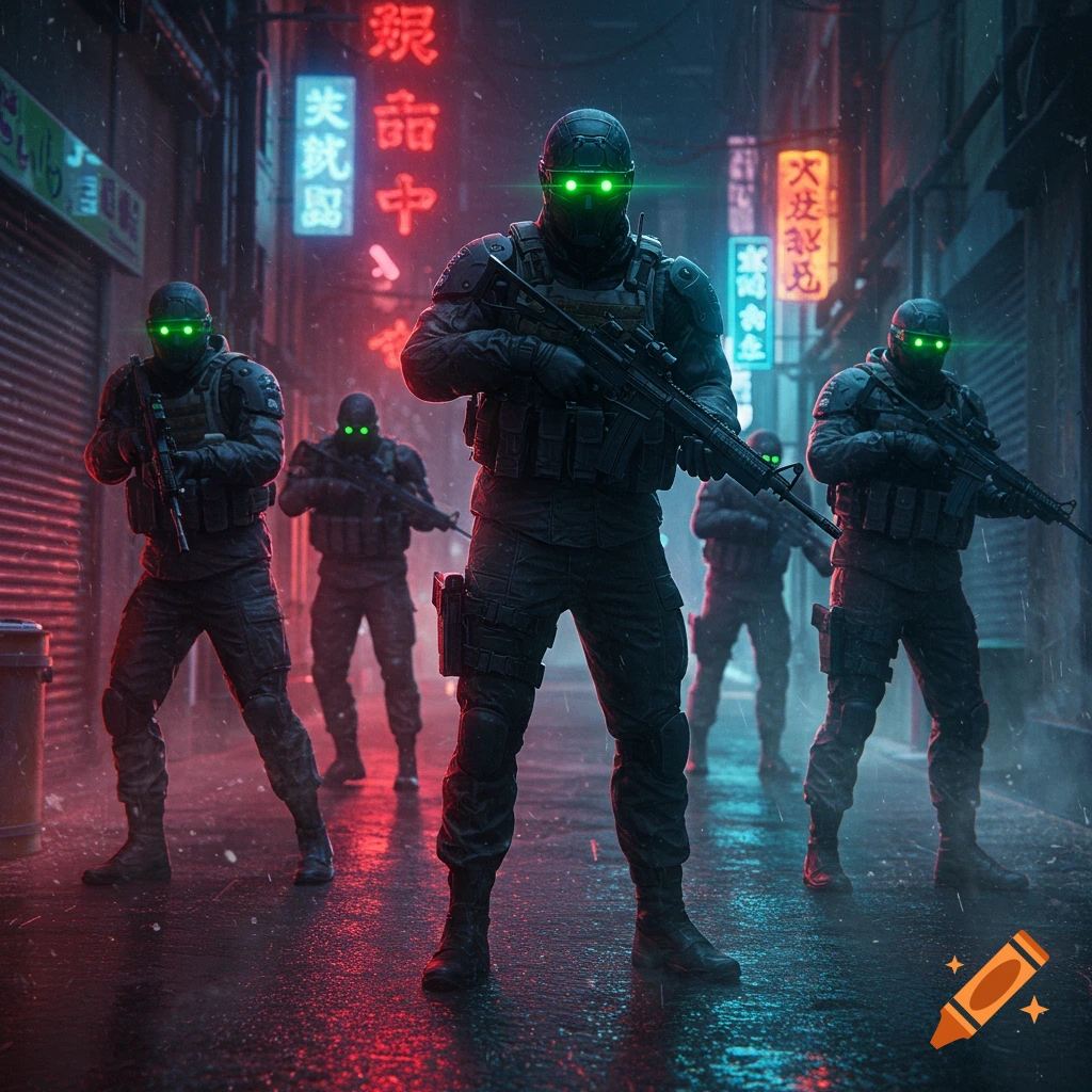 Four armored soldiers with glowing green eyes stand in a rainy, neon-lit cyberpunk alley, holding rifles. Photorealistic style.