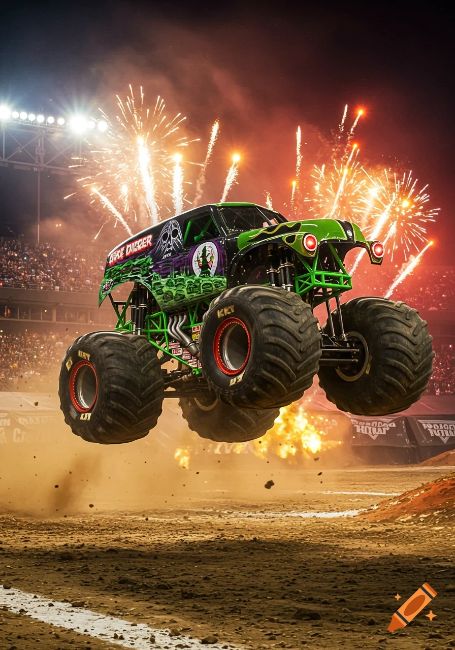 A green and black monster truck, Grave Digger, jumps over dirt, with fireworks and an explosion in a stadium at night.