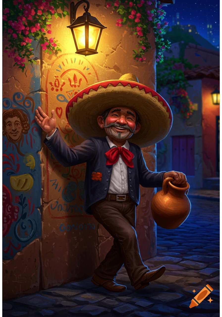 A cheerful, stylized man in a sombrero holds a clay jug, leaning against a colorful, graffiti-covered wall under a street lamp at night.