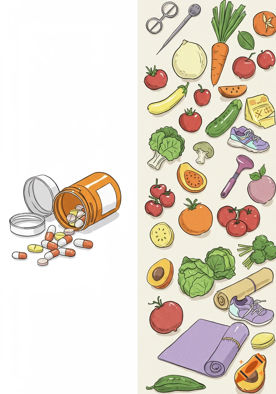 An illustration showing a spilled pill bottle on the left and various healthy foods and exercise items on the right.