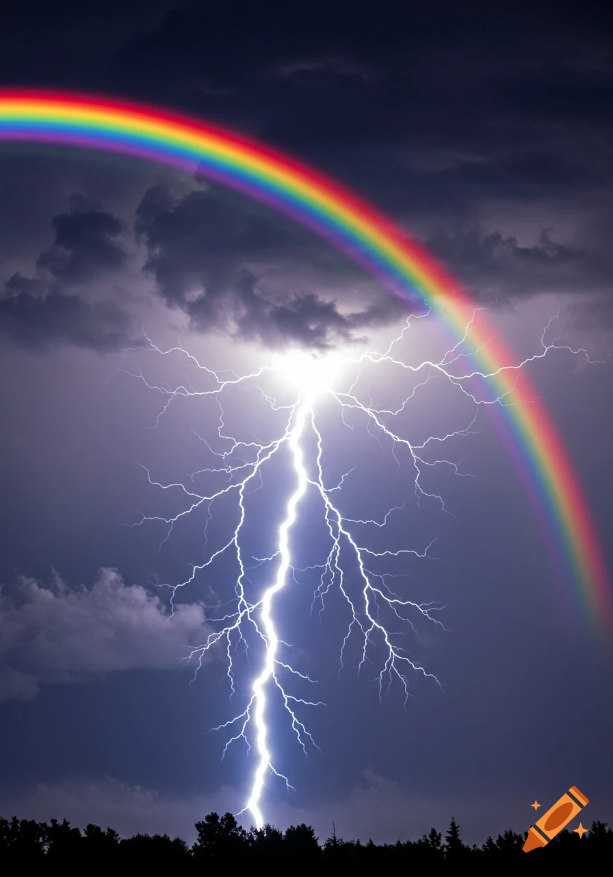 A vibrant rainbow arches over a dramatic lightning bolt striking from dark stormy clouds into silhouetted trees.
