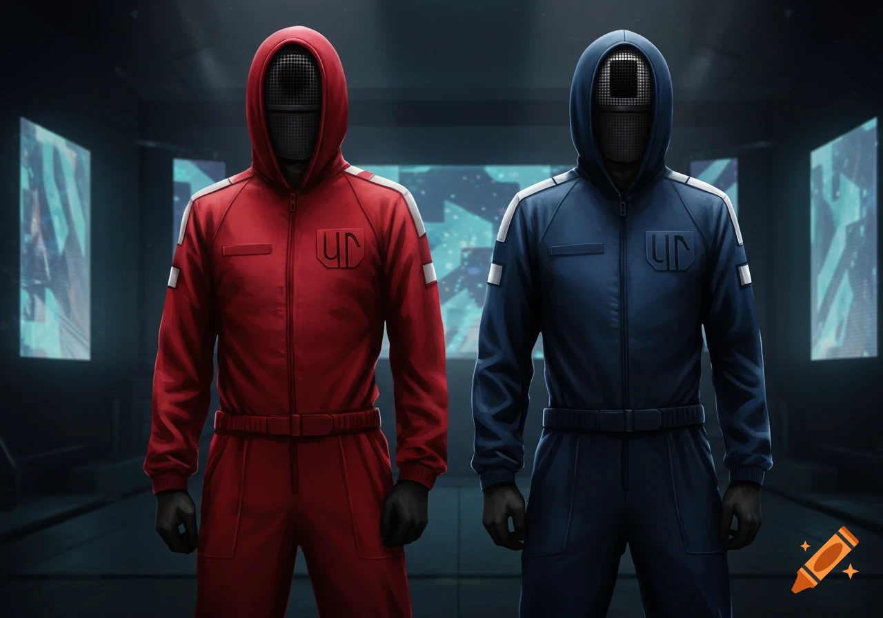 Two masked figures in futuristic hooded jumpsuits, one red and one blue, stand in a dark, glowing room.