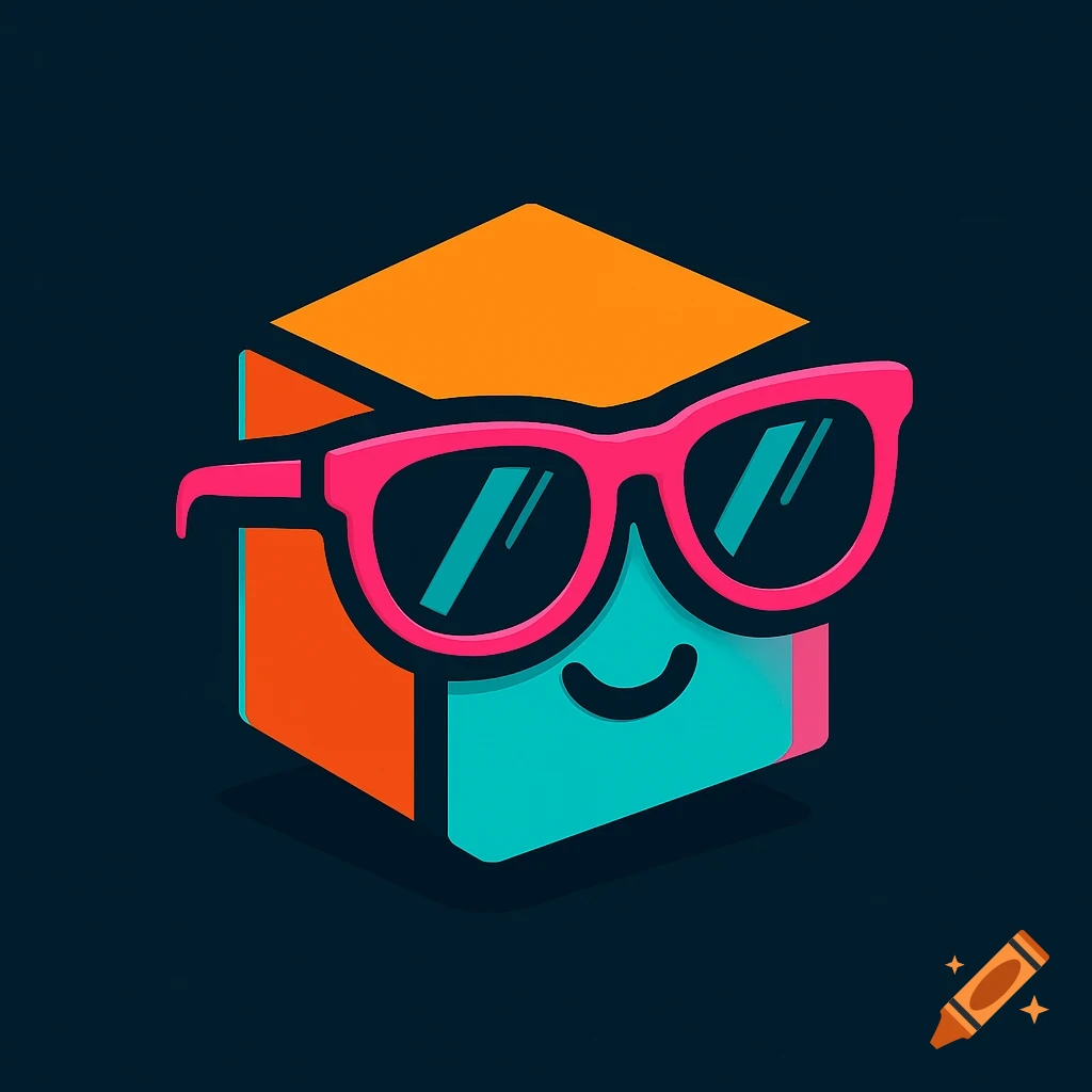 A stylized orange and teal cube character wearing pink sunglasses and a smile on a dark background.
