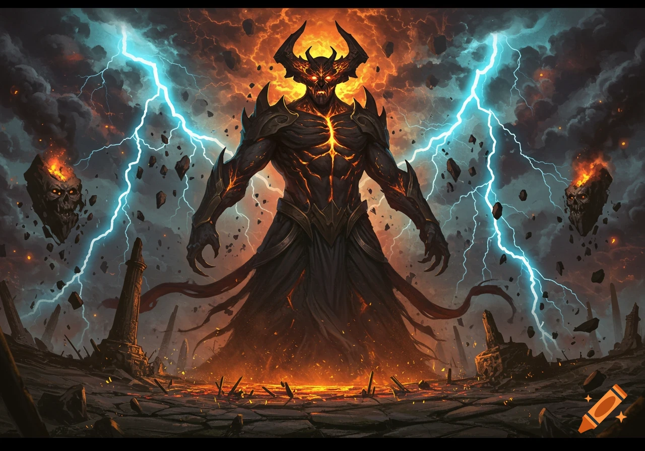 A demonic, horned god stands amidst fiery ruins and lightning in a dark fantasy digital painting.