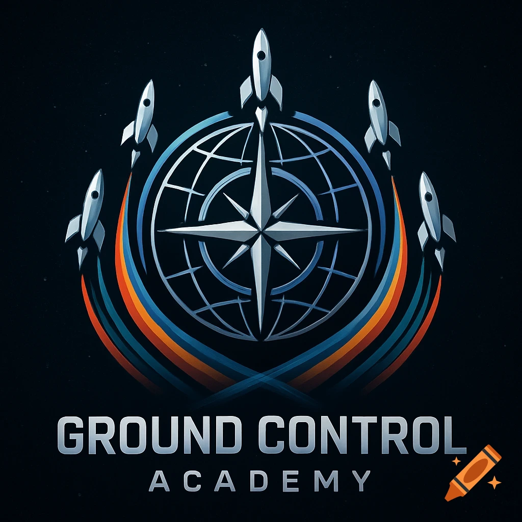A stylized logo featuring five rockets circling a globe with a compass star, above the text 'GROUND CONTROL ACADEMY' on a dark background.