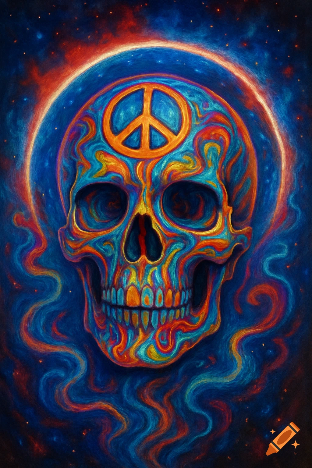 A vibrant, stylized skull with a prominent orange peace sign on its forehead, rendered in swirling patterns of blue, orange, red, and yellow, against a dark, starry cosmic background.