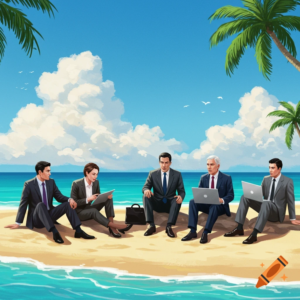 Four men and one woman in business suits sit on a sandy beach with laptops, palm trees in the background, in an illustrative style.