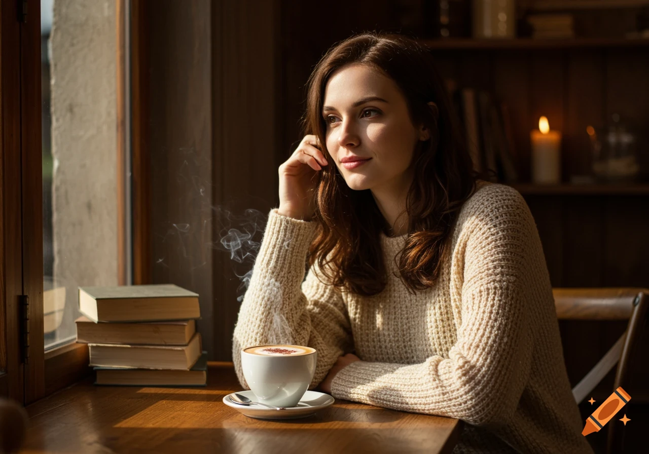 A woman in a cream sweater sits at a wooden table in a cafe, looking out a sunlit window with a coffee cup and books nearby.