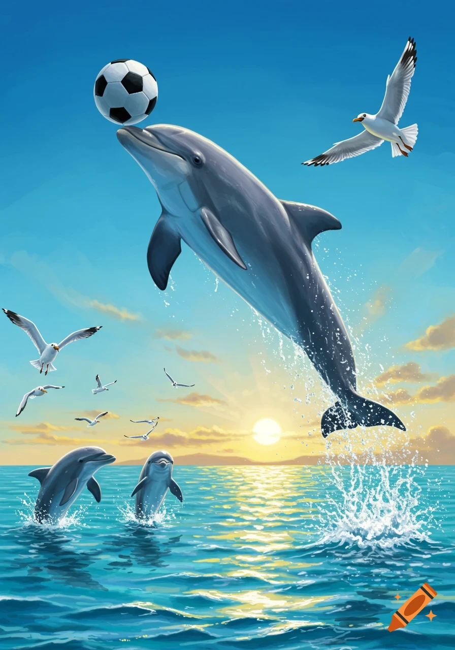 A large dolphin balances a soccer ball on its nose, jumping out of the ocean at sunset, with two smaller dolphins and seagulls in the background.