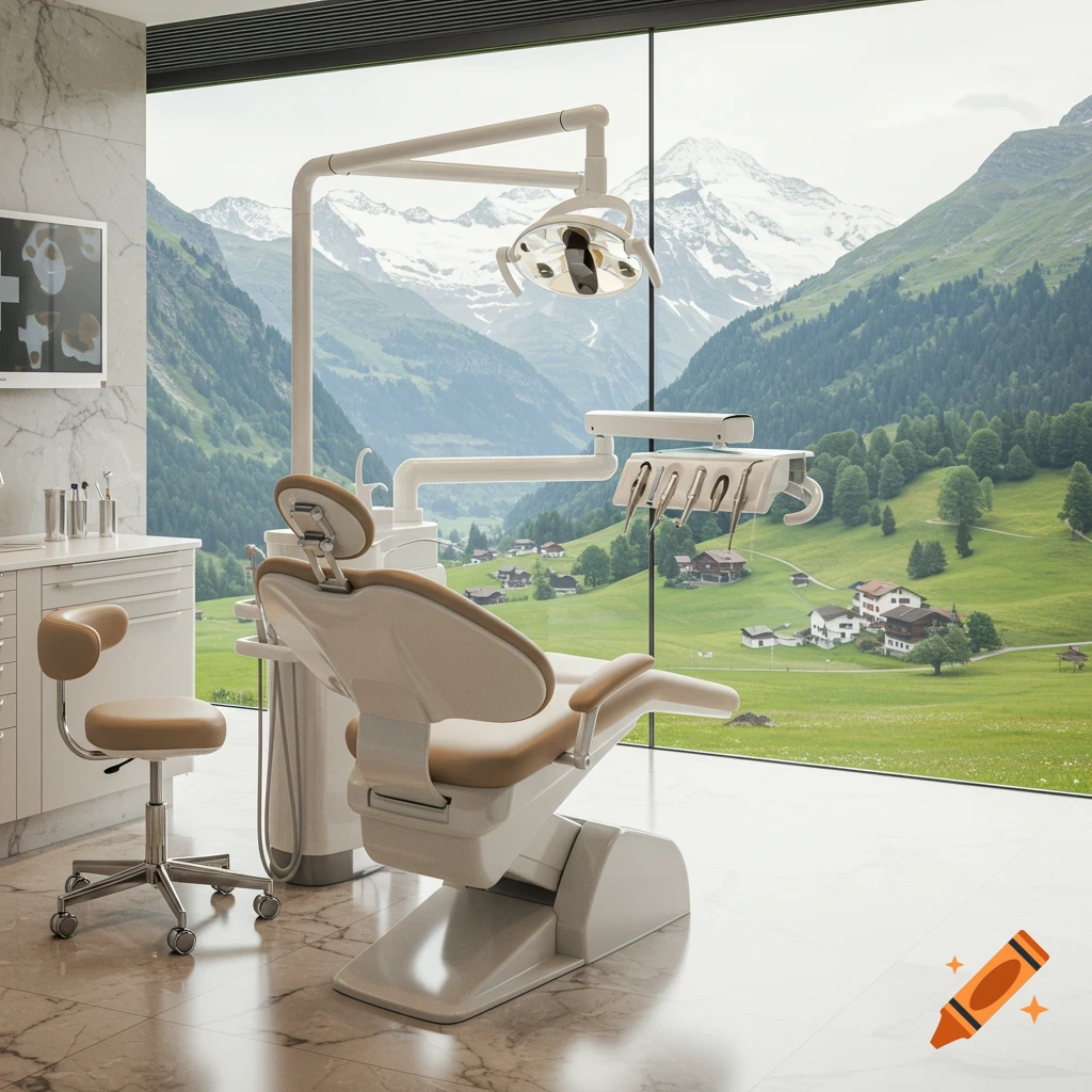 A modern dental office with a large window overlooking a picturesque green valley and snow-capped mountains.