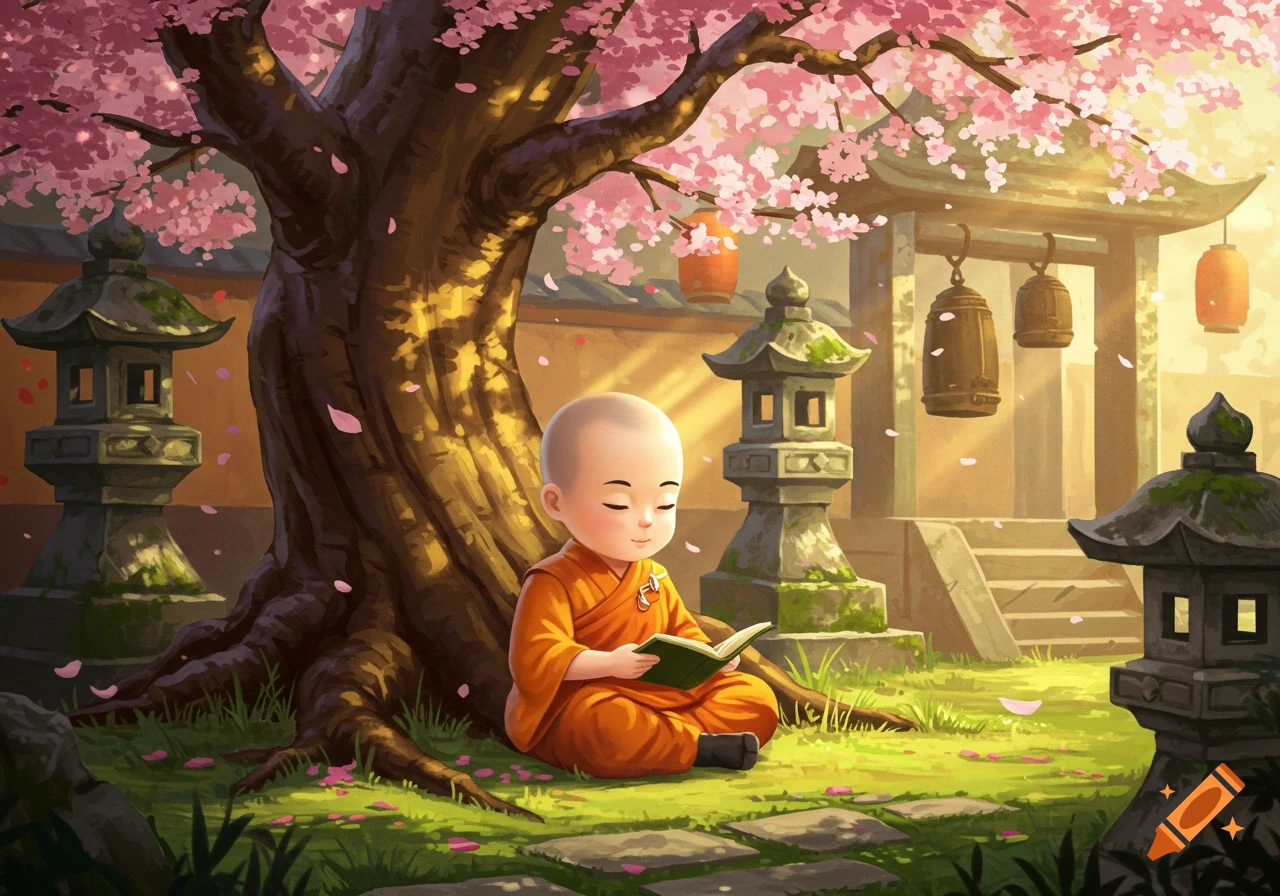A cute young monk in orange robes sits under a pink cherry blossom tree, reading a book in a peaceful temple garden.