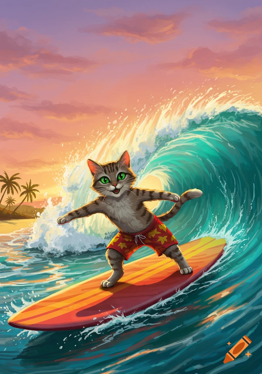 A smiling cartoon cat with green eyes surfs on a large wave, wearing red swim trunks, against a tropical beach sunset.