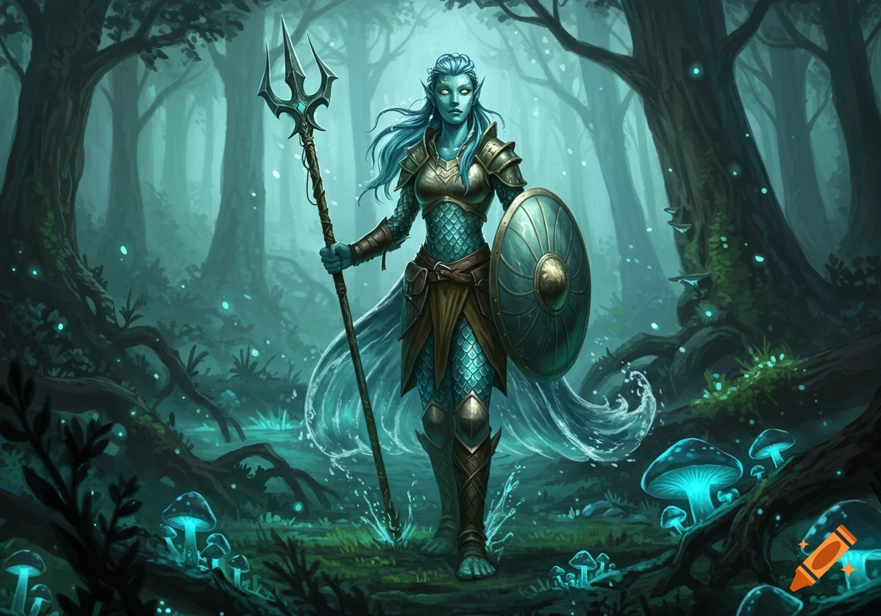 A female Water Gensai Druid with teal skin and scale armor stands in a misty, magical forest with glowing blue mushrooms, holding a trident and shield.