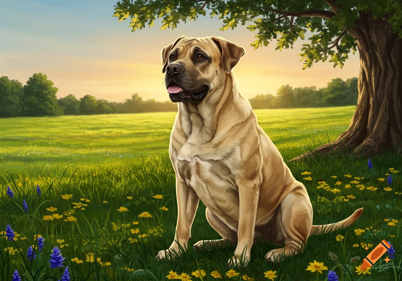 A large tan dog sits in a green field with wildflowers at sunset, under a tree, in a vibrant digital painting.