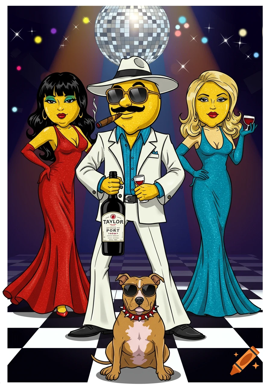A cartoon lemon man in a white suit with two lemon women in dresses, and a pitbull, on a disco dance floor.