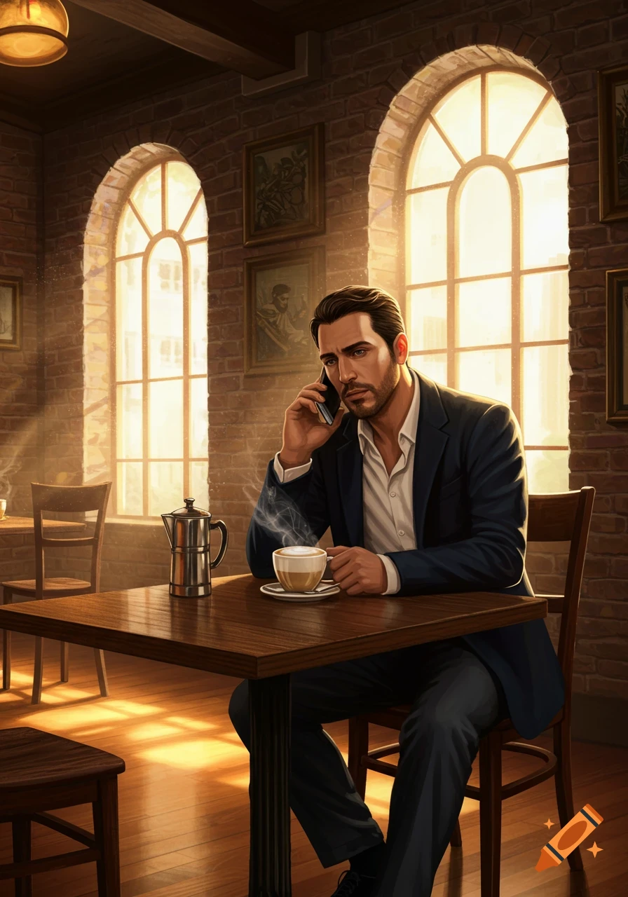 A man in a suit sits at a cafe table, talking on the phone with a steaming coffee cup nearby, bathed in sunlight.