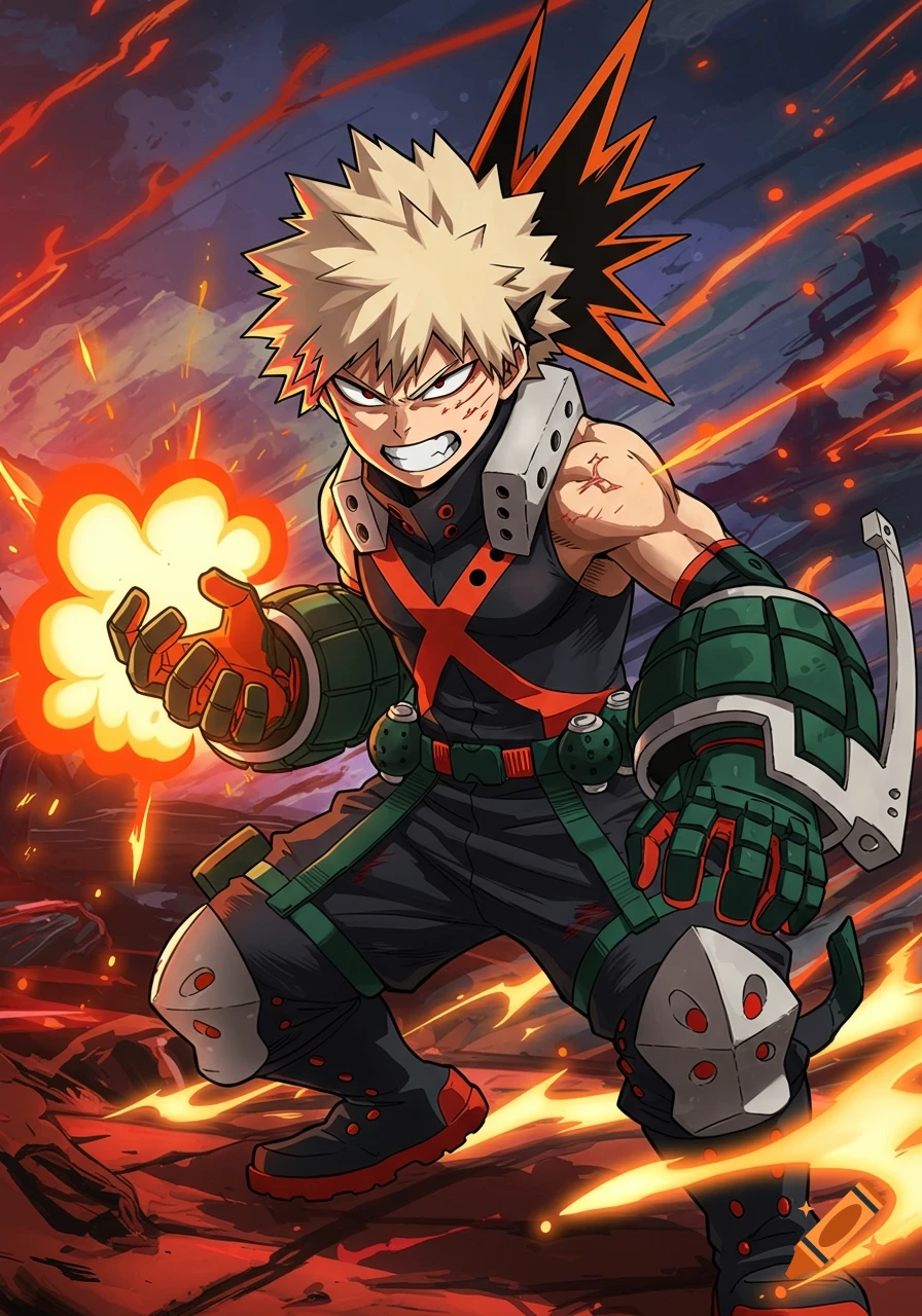 Katsuki Bakugo in his hero costume, poised in action with an explosion in his hand, in anime style.